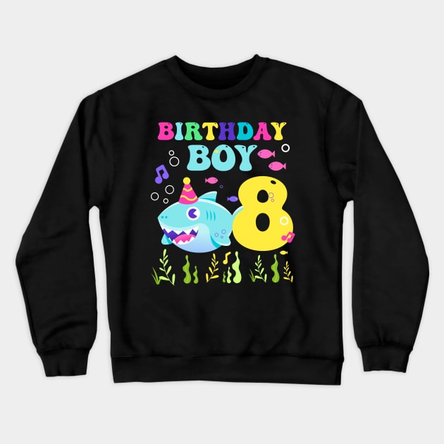 8th Birthday Boy Shark Funny B-day Gift For Kids Crewneck Sweatshirt by inksplashcreations